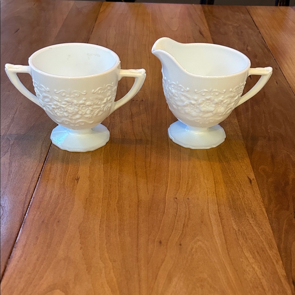 Indiana Glass Company Vintage Orange Blossom Milk Glass Sugar Bowl & Creamer Set